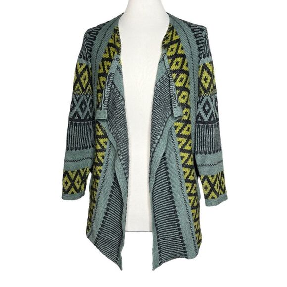 J.JILL Juniper Boho Geometric Aztec Jacquard Knit Draped Front Cardigan Sweater - Picture 2 of 8